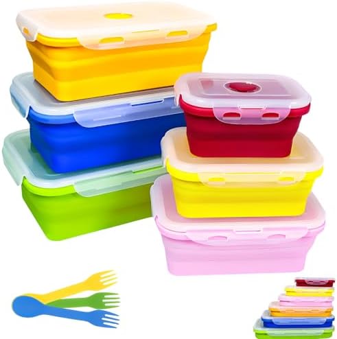 Set of 6 Collapsible Silicone Food Storage Containers With Lids, Durable, Meal Prep Foldable Bento Lunch Boxes for Kitchen, Camping, Microwave,Dishwasher and Freezer Safe, BPA Free by FUSMYE