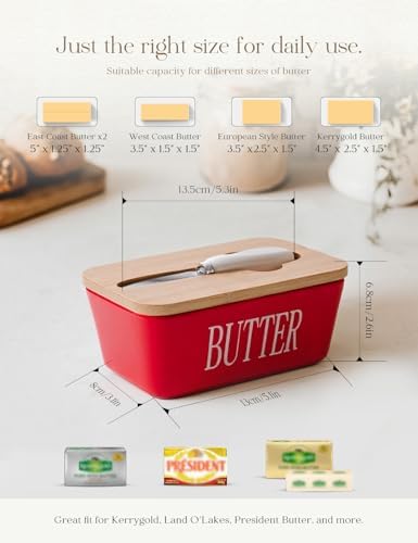 AISBUGUR Large Butter Dish with Lid Ceramics Butter Keeper Container with Knife and High- quality Silicone Sealing Butter Dishes with Covers Good Kitchen Gift Red 6.3 x 3.5 x 2.7 inches - Image 2