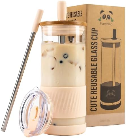 Pandaloo® Glass Cups With Lids and Straws -20 Fl Oz- Perfect Size Iced Coffee Cup - Smoothie Cup With Bamboo Lid and On the go Lid - Glass Tumbler With Straw (1 Count (Pack of 1), Vanilla Cream) by Pandaloo