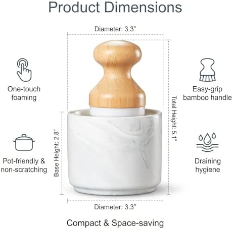 ONEMORE Bamboo Dish Brush with Ceramic Foaming Base, Kitchen Sink Scrub Brush Set with Spring and Mesh Insert, Wooden Handle Dishwashing Brush for Pots Pans Plates Bowls, Marble - Image 4