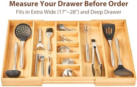 Umilife Extra Large Expandable Kitchen Drawer Organizer for Utensil and Junk, 19" Deep for Big Drawer, 17" to 28" Adjustable Bamboo Wood Drawer Divider, Cutlery Tray, Flatware Holder - Image 5