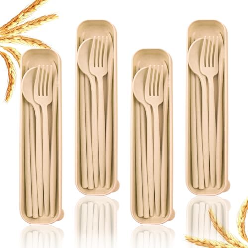 4 Sets Reusable Utensils Set with Case,Camping Cutlery Set Travel Silverware Set with Case Lunch Utensils Set for Work,Utensil Sets for Lunch Picnic Daily Use Outdoor (Beige) by ZGQHZR