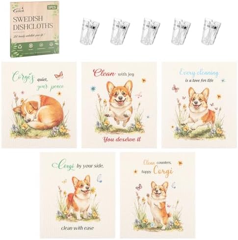 wlich 5 Pack Swedish Dishcloths, Reusable Kitchen Towels with Clips, Dog - Image 2