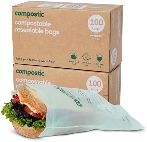 Compostic Compostable XL Sandwich Bags, 200 Ct Bulk, Zip-Seal by COMPOSTIC