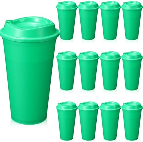 12 Pcs 16 Oz Reusable Coffee Cups with Lids - Plastic Travel Hot Cups Bulk Coffee Tumblers for DIY Hot Cold Drinks Party Favors Coworker (Green) by Unknown