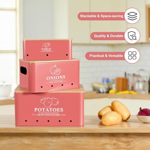 Kitchen Vegetable Storage Set of 3, Metal Onion Garlic Potato Storage Set, Kitchen Canisters Vegetable Keeper Containers with Aerating Holes and Bamboo Lid,Coral Red - Image 5
