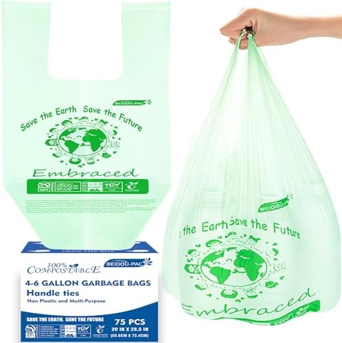 BEIDOU-PAC 4-6 Gallon Compostable Trash Bags, 75 Count, Kitchen Compost Bags With Handle, Sturdy Garbage Bags for Food Scrap Waste, ASTM D6400, US BPI Certified by BEIDOU-PAC
