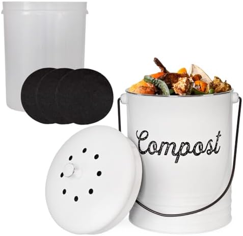 AuldHome Design Kitchen Compost Bin for Countertop | 1.3 Gallon Composting Bucket with Lid | Includes 3 Charcoal Filters | (White Enamel) by AuldHomeDesign