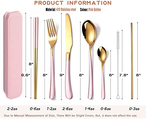 AARAINBOW 7 Pieces Stainless Steel Flatware Set Portable Reusable Cutlery Set Travel Utensils Set Including Chopsticks Knife Fork Spoon Straws Cleaning Brush Dishwasher Safe (7 Pink Golden) - Image 2