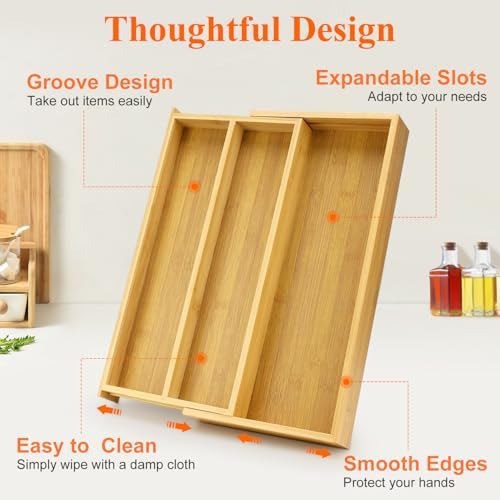Large Bamboo Kitchen Utensil Drawer Organizer Expandable Silverware Tray - Image 6