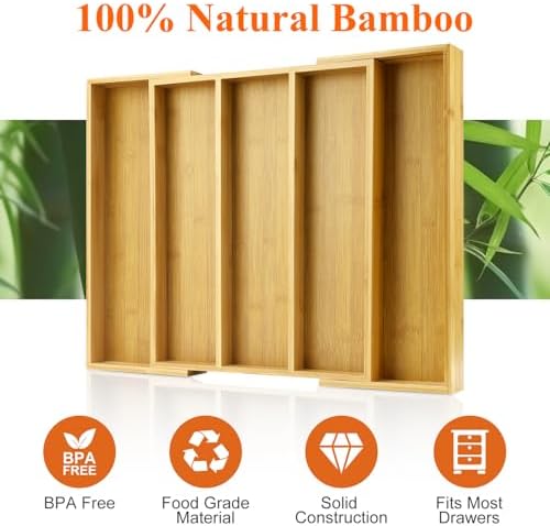 Expandable Bamboo Silverware Drawer Organizer Large Kitchen Utensils Tray - Image 5