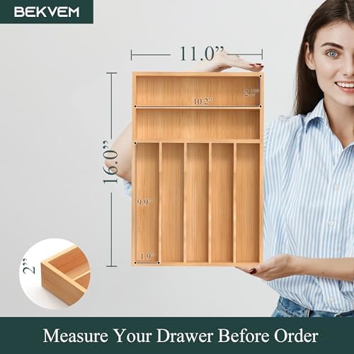 Silverware Organizer, Bamboo Kitchen Drawer Organizer, Utensil Holder, Cutlery Tray & Spoon Flatware Storage with Grooved Drawer Dividers (11''W x 16''D) - Image 2