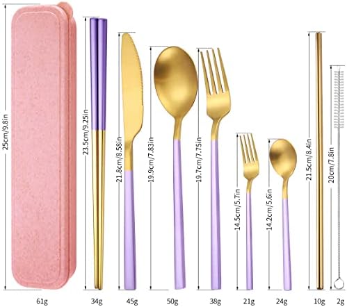AARainbow 8 Pieces Stainless Steel Flatware Set Portable Reusable Cutlery Set Travel Utensils Set Including Chopsticks Knife Fork Spoon Straws Cleaning Brush Dishwasher Safe (B-Purple Golden) - Image 2