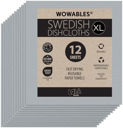 Swedish Dishcloths for Kitchen XL, 12 Sheet Roll, Biodegradable & Compostable, Reusable Paper Towel Cleaning Cloths, 11" x 10", No Odor, Washing Dishes, Ultra Absorbent Cellulose Sponge Towel, By LOLA by LolaProducts