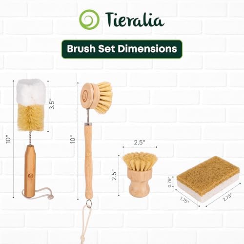 Tieralia Bamboo Dish Brush Set 5 Piece – Eco Friendly Kitchen Cleaning Kit with Bottle Brush, Long Dish Brush, Palm Scrubber & 2 Plant-Based Sponges | Plastic-Free Natural Dish Scrubber - Image 2