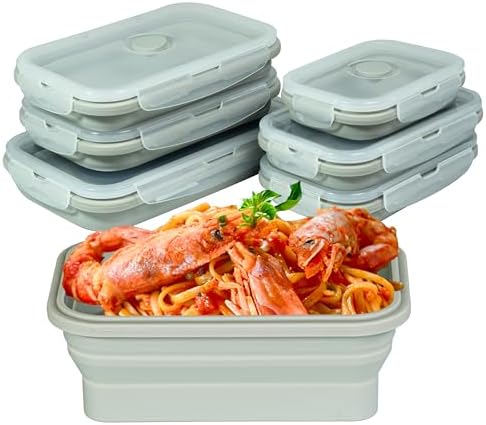 Plus 6PCS Foldable Silicone Food Storage Containers for Kitchen Storage for Leftovers Fruits and Meal Prep Dishwasher Safe Microwave Safe Ideal for Home and Travel (grey, square) by TZCOBLI