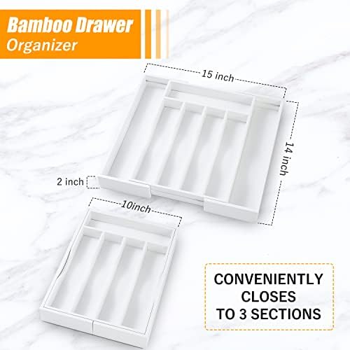 Bellsal White Silverware Organizer Kitchen Drawer Organizer Expandable Bamboo Utensil Holder Cutlery Tray for Kitchen Utensil and Flatware Bedroom Office - Image 3