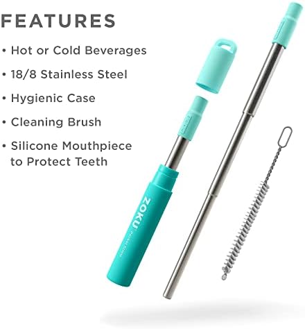 Zoku Reusable Metal Straw with Case, Collapsible Travel Straw - Teal - Image 2