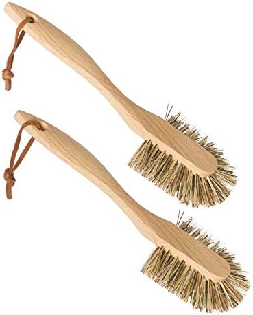 REDECKER Curved Dish Brush, Natural Union Plant Fiber Bristles, Ergonomic Design with Oiled Beechwood Handle, 10-1/2 Inches, Set of 2, Made in Germany - Union Bristle Scrubber by Redecker