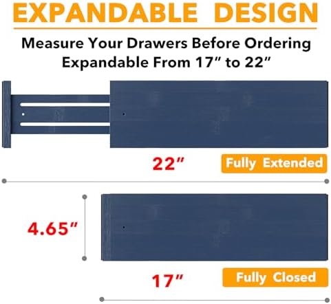 SpaceAid Bamboo Dresser Drawer Dividers 6 Pack, 4.65“ High Adjustable 17“-22” Drawer Organizers, Expandable Organization for Clothing, Clothes, Dressers, Navy Blue - Image 3