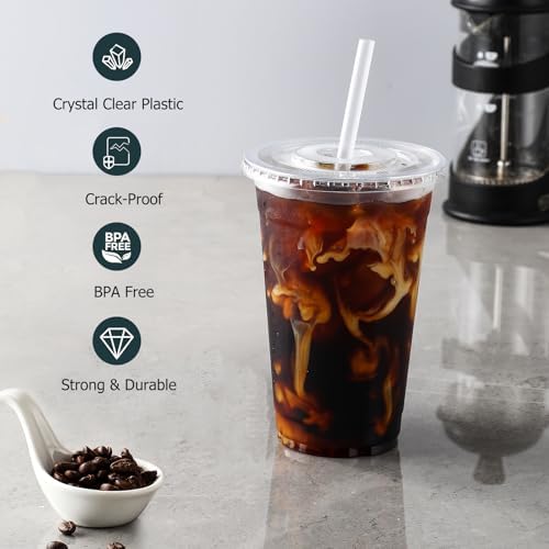 AOZITA [100 Sets] 20 oz Clear Plastic Cups With Lids and Straws, Iced Coffee Cups Disposable Cups for Iced Coffee, Smoothie, Milkshake and Cold Drinks - Image 3