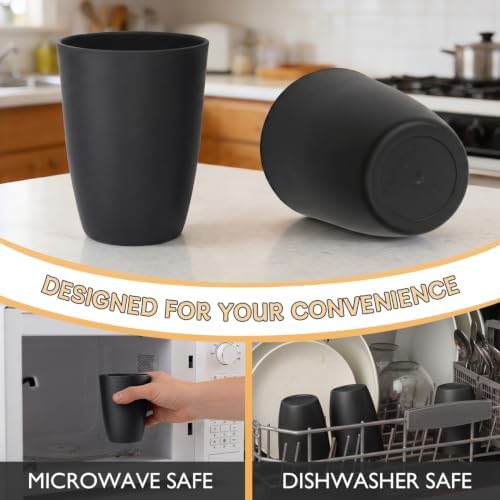 Wrova Wheat Straw Cups 6 PCS Good Alternative to Plastic Reusable Cups 12 oz Unbreakable Drinking Cup Reusable Dishwasher Safe Water Plastic Glasses Black - Image 6