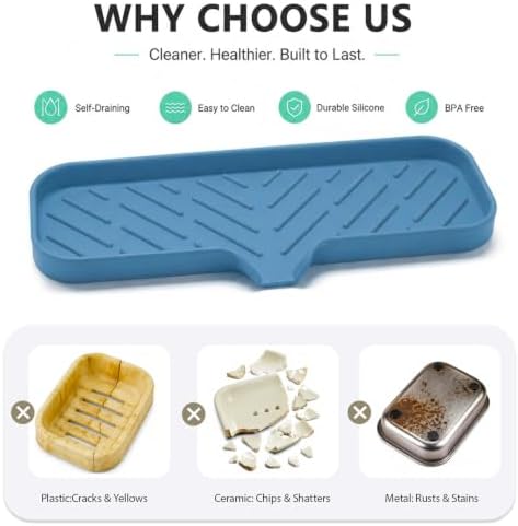 MicoYang Silicone Soap Dish with Drain Spout — Self-Draining Double Sink Organizer Tray for Kitchen & Bath, Dispensers, Sponges & Soap Holder, Non-Slip & Dishwasher Safe, Lichen Blue (Large, 12"×4") - Image 3