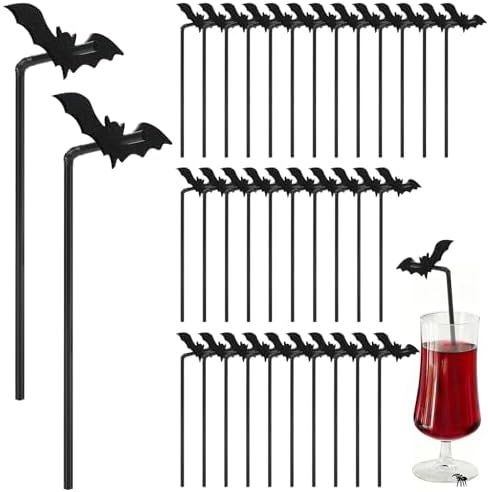JANYUN 40 Pcs Black Halloween Straws Plastic with Glitter Bat Toppers by JANYUN