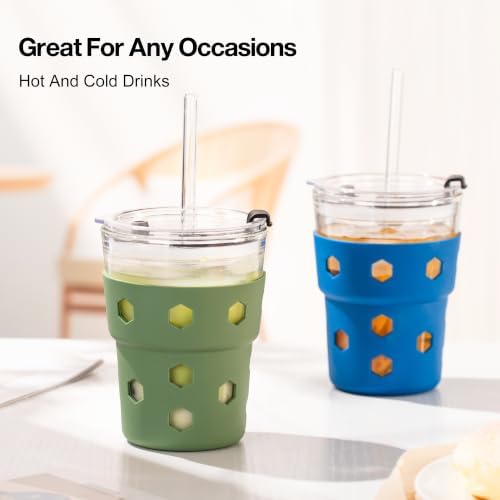 Mrsdry 12oz Iced Coffee Cup with Lids and Straws, BPA Free Reusable Glass Coffee Cups with Silicone Sleeves for Coffee, Iced tea, Thick Wall Glass Cup - Image 5