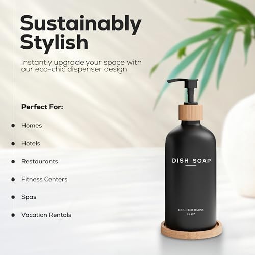 Black Glass Dish Soap Dispenser for Kitchen Sink by Brighter Barns - Modern Kitchen Soap Dispenser Set with Tray - Bamboo Bottle with Pump - Boho Home Decor, Modern Home Decor for Airbnb, Gift (Black) - Image 2