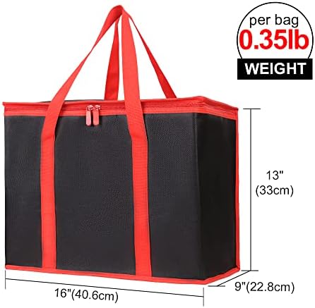 Bodaon 2-Pack Insulated Reusable Grocery Shopping Bags, X-Large Picnic Cooler Bag with Zipper Zippered Top Cold, Black with Red Edge - Image 2