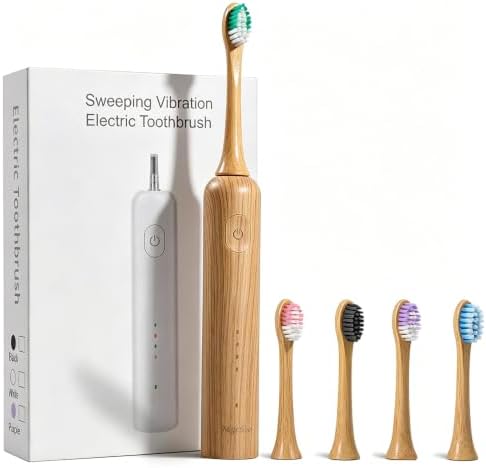 Oscillating Ultrasonic Electric Toothbrush with Bamboo Brush Heads (5 Pack) by MgcSto