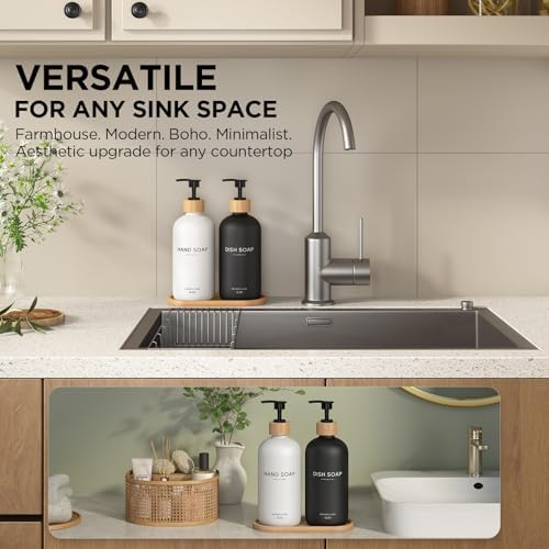 Hand and Dish Soap Dispenser Set,16oz Glass Bottles with Bamboo Pumps & Tray,Countertop Soap Dispensers for Kitchen,Luxury, Minimalist & Farmhouse Decor - Image 4