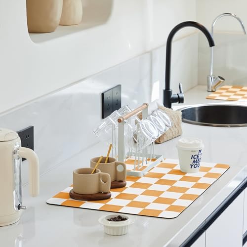Ohocut Checkered Dish Drying Mat for Kitchen Counter, Coffee Bar Station Accessories, Retro Cute Fall Aesthetic Modern Absorbent Drainer Mat Kitchen Drying Mat Easy Clean, Orange 12" x 19" by Ohocut