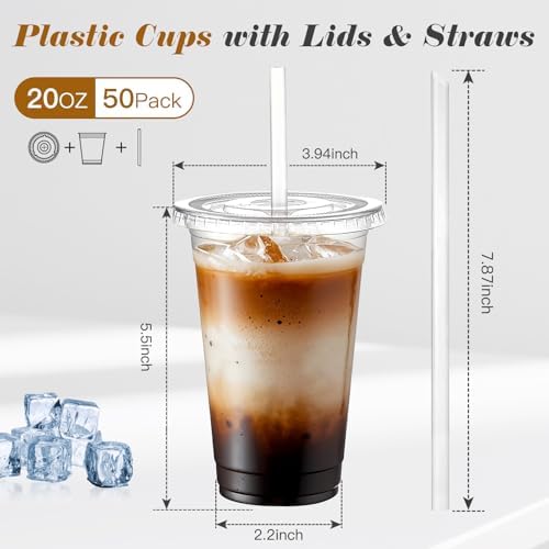 Ginkgo 50 Pack 20 oz Plastic Iced Coffee Cups with Lids and Straws - Image 2