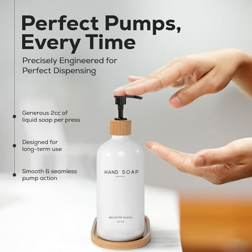 Luxury Glass Hand and Dish Soap Dispenser Set by Brighter Barns - Kitchen Soap Dispenser Set with Tray - Bamboo Pump Bottle for Kitchen Sink - Boho Home Decor, Modern Decor in Restaurant (Black/White) - Image 4
