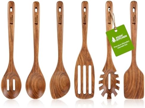 AIUHI Wooden Utensils Set of 6, Teak Wood Kitchen Utensils Set for Non-stick Cookware, Non-Toxic Wooden Spoons for Cooking-Durable, Comfortable Grip & Heat Resistant by AIUHI