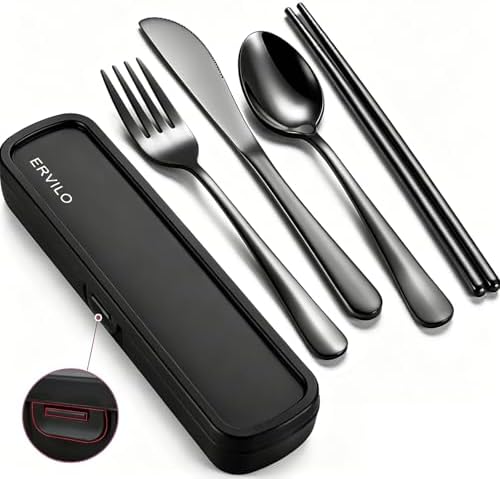 Travel Utensils with Case, Stainless Steel Portable Cutlery Set for Camping Picnic, Lunch Box Silverware for Work, Reinforced Case with Snap-Lock Closure, Include Fork Spoon Knife Chopsticks, Black by SilverwareSet