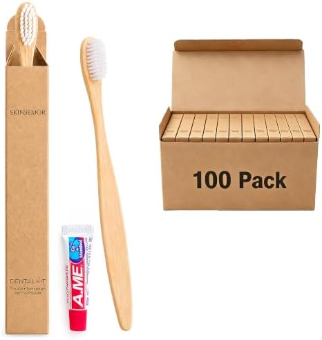 Bamboo Toothbrushes with Toothpaste 6g Individually Wrapped, 100 Pack Individually Wrapped Disposable Toothbrush Travel Kit, for Hotel, Airbnb Amenities, Guest Rooms, Camping by Unknown