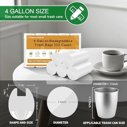 4 Gallon Biodegradable Trash Bags With-Handles - White 4 Gal Small Garbage Bags For Bathroom Can 100 Count 15 Liter Compostable Mini Waste Basket Liners Kitchen Office Car Strong Chenyucheng - Image 2