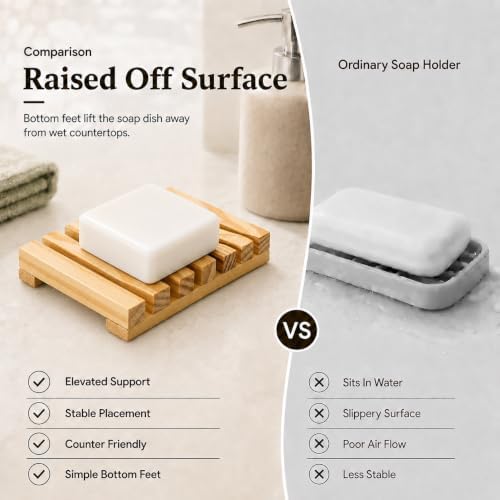 Bamboo Soap Dish for Bar Soap, Raised Wooden Holder with Drain Slots，Natural Pine Wood Soap Box - Image 6