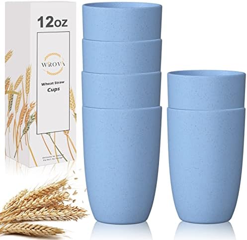 Wrova Wheat Straw Cups 6 PCS Good Alternative to Plastic Reusable Cups 12 oz Unbreakable Drinking Cup Reusable Dishwasher Safe Water Plastic Glasses Light Blue by WROVA