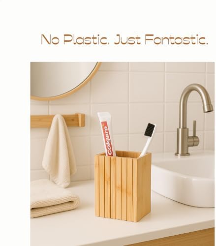 Fluted Bamboo Toothbrush Holder, Square Minimal Design - Image 5