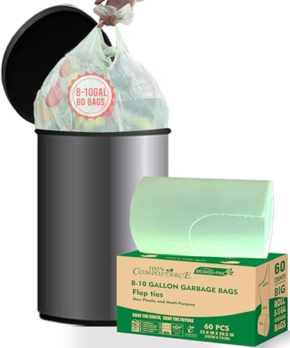 BEIDOU-PAC 8-10 Gallon Flap Tie Compostable Trash Bags, 60 Count, Compost Bags Kitchen Trash Bags, Sturdy Garbage Bags Food Scrap Waste Bags, ASTM D6400, US BPI Certified by BEIDOU-PAC