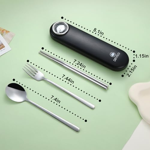 DEVICO Travel Utensils with Case Cute, Reusable Silverware for Lunch, 4Pcs Portable Cutlery Set, 18/8 Stainless Steel Fork Spoon Chopsticks in Cartoon Case, Dishwasher Safe (Black) - Image 5