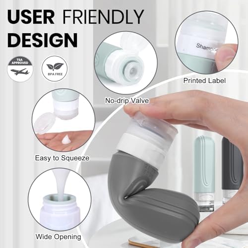 Travel Bottles for Toiletries 8 Pack, TSA Approved Travel Size Toiletries Containers Set, 4 Silicone Leak Proof Refillable Bottles and 4 Creams Jars Accessories Kit W/Clear Bag (GRAY) - Image 4
