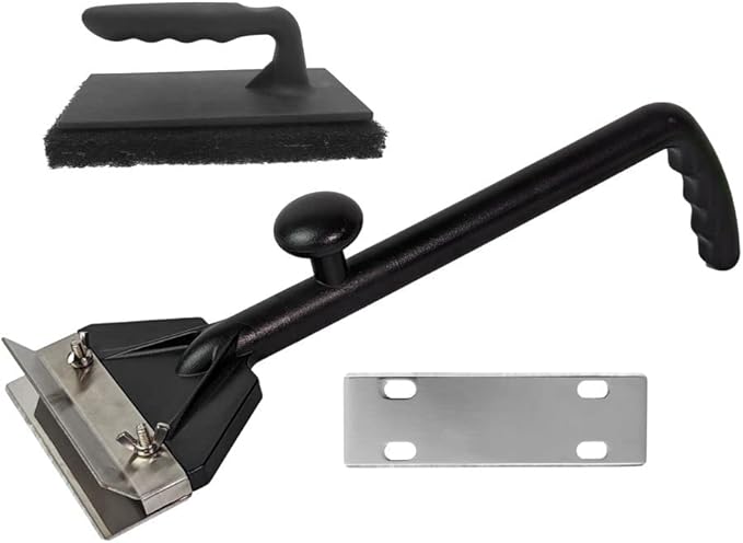 Chef Master Griddle Scraper Cleaning Kit Combo - Flat Top Grill Cleaner w/Replacement Blade & Scrubber - Griddle Cleaning Kit - Long Handle, Stainless Steel Flat Grill Scraper - 90254