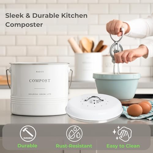 D'Lifeful Kitchen Compost Bin – 1.3 Gallon Countertop Farmhouse Compost Container with Lid – Odorless Indoor Food Scrap Pail with 6 Charcoal Filters – Eco-Conscious and Easy to Clean (White) - Image 5
