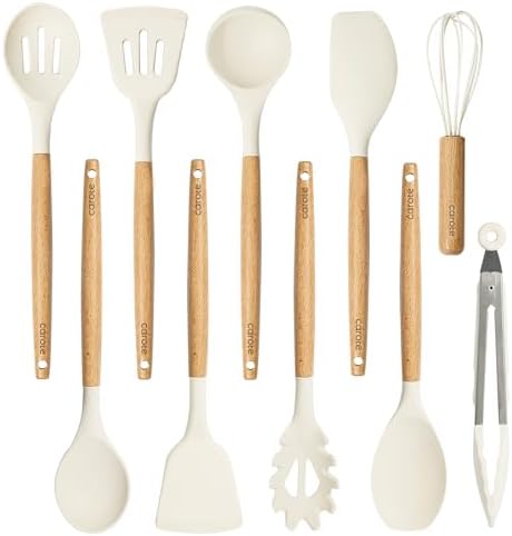 CAROTE 10-Piece Kitchen Utensils Set with Wood Cool-Touch Handles, Cream by CAROTE