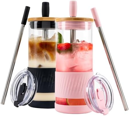 Pandaloo® Glass Cups With Lids and Straws -20 Fl Oz- Perfect Size Iced Coffee Cup - Smoothie Cup With Bamboo Lid and On the go Lid - Glass Tumbler (2 Count (Pack of 1), Black Saphir-Tender Pink) by Pandaloo